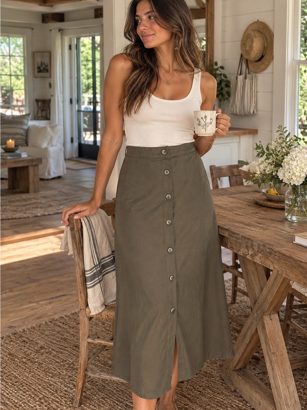 Urban Outfitters Olive Button-Front Midi Skirt